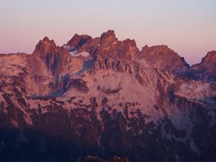 Sunset on Overcoat Peak and Chimney Rock from summit of Big Snow Mountain
