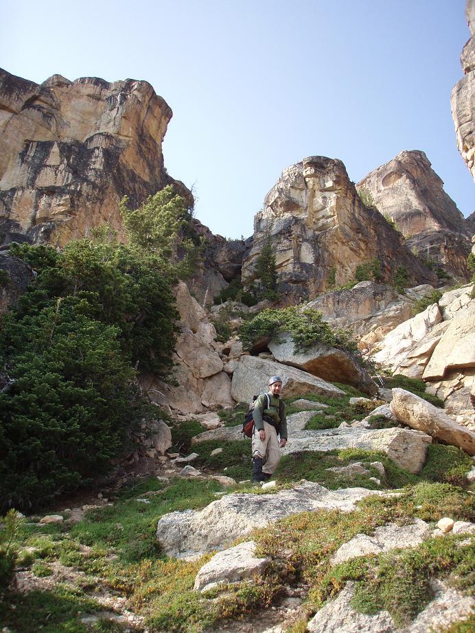 Image of Jay at the bottom of the gully to the Beckey Route