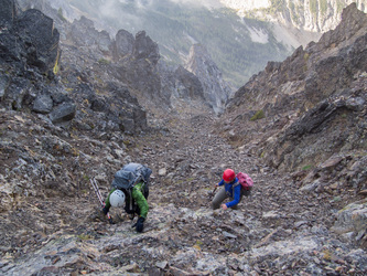 Ascending the lower gully.