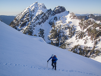 Ascending the north slope of Salish.  Mount Bullon in the background.