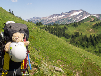 Boris the Bear, White Pass, and Indian Head Mountain from the PCT.
