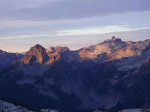 Sunrise on Cathedral Rock and The Sentinel (?) from above Robin Lake