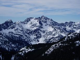 Bryant Peak, Chair Peak, and Roosevelt Mountain from west slope of Kendall Peak