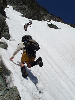 Descending crux snowfield