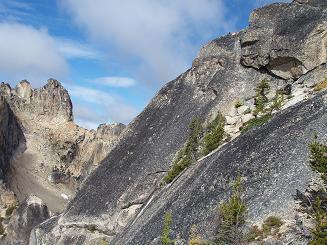 Climbers on the the last pitch (starting bottom left) of the N face route on Kangaroo temple