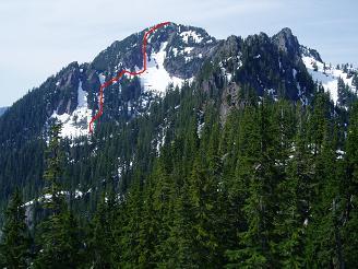 Treen Peak with our route from Charlie Brown Lake drawn in