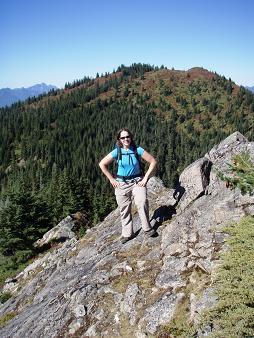 Lindsay on west ridge of Mount Sawyer, Mount Fin in the background