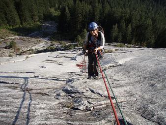 Lori rapping down from two bolts that are 30+ meters above the top of The Pillar