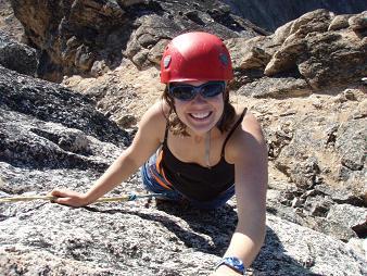 Lindsay climbing the final moves on Golden Horn