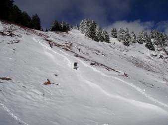 Where's the trail?  Slipping and sliding down a wet, grassy slope covered in a bit of snow