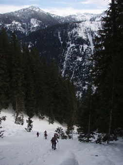 Descending a gully south of the 4,160+ col on the west of Bing Peak