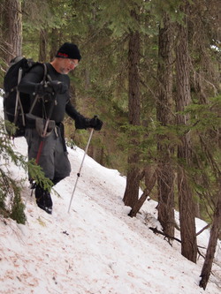 Descending the forested slope between the ridge and railroad.