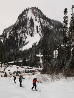 Heading up the Phantom Slide, with the Alpental parking lot in the background.  We ascended up the slide or just west of it until about 4,600', then we traversed NW.