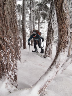 Michael driving his axe into the ice (steeper than it looks).  We were climbing on a very, very solid layer of ice.