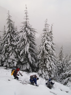 Navigating a boulder field covered in a foot of powder.  Treacherous!