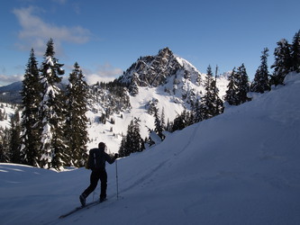Skiing up point 5,560' with Lichtenberg Mountain in the background