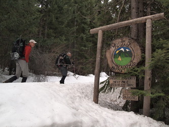 We parked on White Pine Road at the entrance to Cascade Meadows Baptist Camp (the road was plowed to here) and snowshoed to the White Pine trail head.