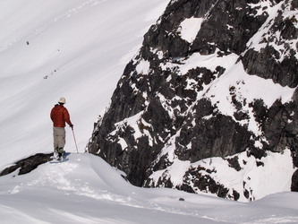 At point 5,872' we decided we would avoid some unsafe avvy slopes, give up on the summit, and instead head for point 6,240' ("Little Davie") on Davis's east ridge