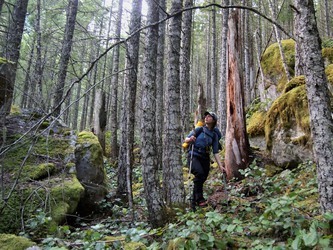 Lindsay passing through a lovely, mossy boulder field