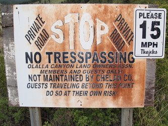 I next tried to find an approach from Olalla Canyon Road.  All I found was a high concentration of 'no trespassing' and 'beware of dog' signs.