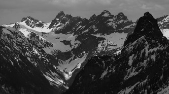 Looking up the Burntboot Creek valley from the summit of Lundin Peak, Mount Thomson on the right.