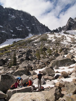 Taking a break on the SW side of Colchuck Lake before heading up the Colchuck Glacier