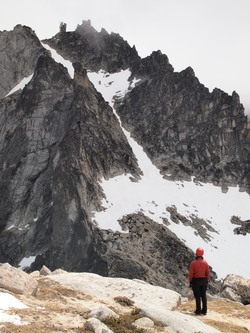 Lindsay looking across Colchuck Col to the snow gully leading to Pandora's Box.  That is where we are headed next.