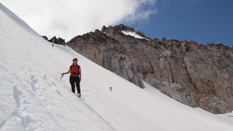 Traversing Valhalla Cirque.  Dragontail Peak in the background.