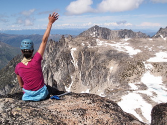 Carrie waving to Brett and Gretchen, who are down by Aasgard Pass.