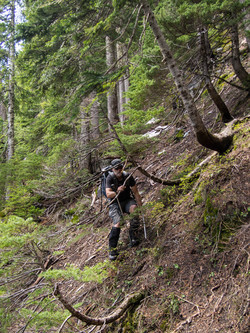 Steep side-hilling on the SE slopes of Floating Rock