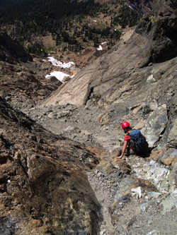 Descending NW down the crummy gully between the Dogstooth and the south ridge