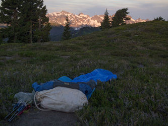 My bivvy site on June Mountain on the morning of day three.  The Monte Cristo range is in the distance