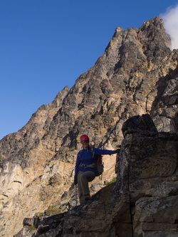 Lindsay on the traverse back to the 7,400' notch.  The summit of Azurite Peak is in the background.