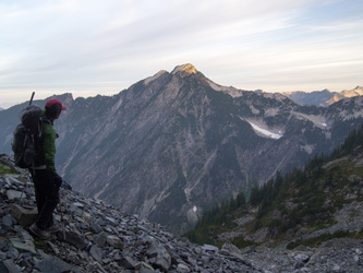 Morning light on Burnt Boot Peak.  This is our main objective for the day.