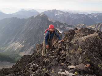 Lindsay arriving on the summit of Iapia Peak. It was a pleasant class 2 route except for the summit block.