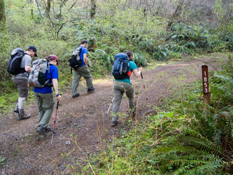 The PCT gang leaving our trail head at the end of Smith-Cripes Road.  From left to right, DATAMuffin, Wired, Goodness, and Marmot.