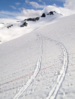 Following the skin track that the rest of the party set over the west ridge of Daniel.