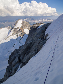 After a couple hours of slow descent down the upper Chickamin Glacier, we were still not sure if our route would get us onto the gentle slopes that we could see below us.