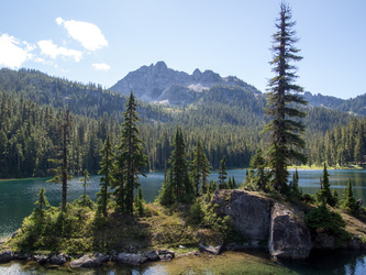 An island in Ptarmigan Lake with Terrace Mountain in the background.