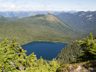 Looking down on Tonga Ridge and Fisher Lake from the summit of Jumar Mountain.