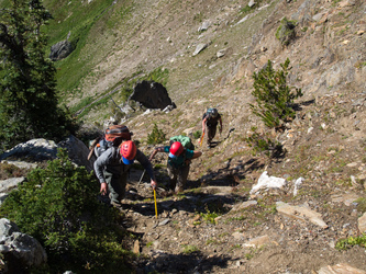 Ascending the gully at 7,200' that leads to Boulder Basin.