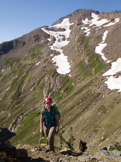 A last look at Clark Mountain's true summit before we drop into Boulder Basin.