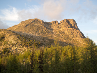 Cathedral Peak from our camp by Upper Cathedral Lake.