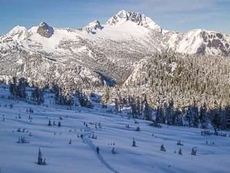 Salish Peak, Ohio Peak, and Whitehorse Mountain over Squire Creek Pass.