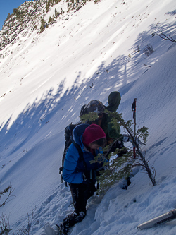 Our attempt on Ulalach ended here on its slabby SW gully.  We turned around when we found a solid layer of ice under a couple inches of powder.