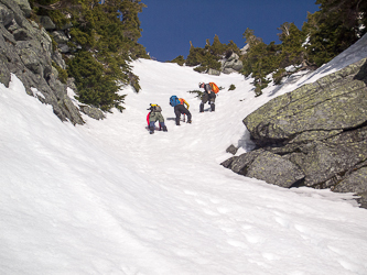 Descending a steep gully.