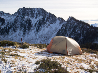 Matt and Carla's camp site at the old lookout site.  Sulphur Mountain in the background.