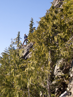 Yana found an unlikely ledge route that bypassed the normal gully route.  Without any snow, the gully route to the summit looked dangerous.