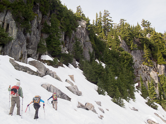 Approaching the treed line we ascended to cross from the basin up to Mile High's north ridge.