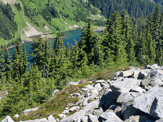 Looking down on the start of my cross-country descent from the PCT to Joe Lake.